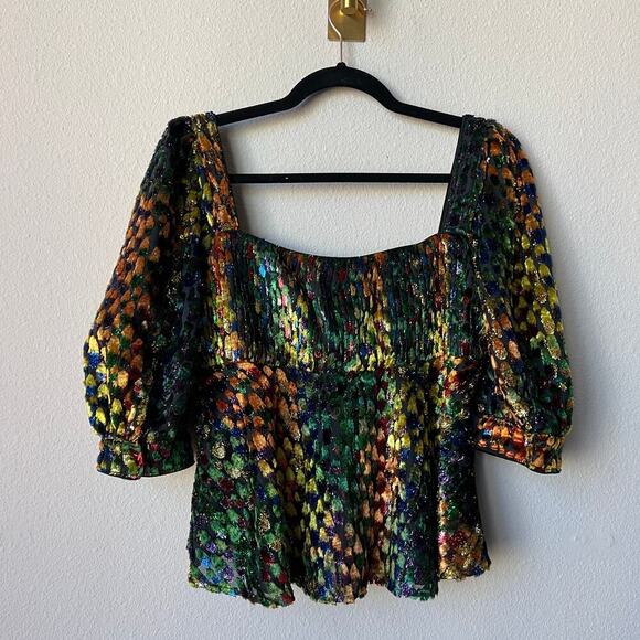 X by NBD Multicolor Metallic Velvet Cropped Peplum Blouse Size S - Picture 3 of 7